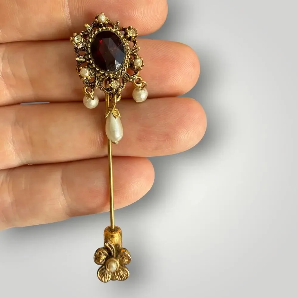 Vintage ART Signed Stick Pin Red Rhinestone Faux Pearl Gold Tone Victorian